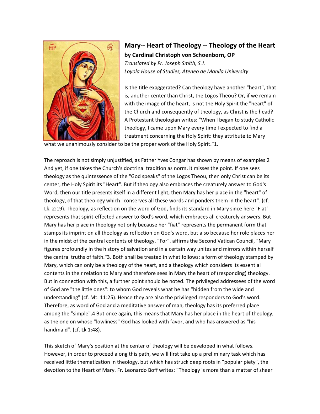 Mary-- Heart of Theology -- Theology of the Heart by Cardinal Christoph Von Schoenborn, OP Translated by Fr