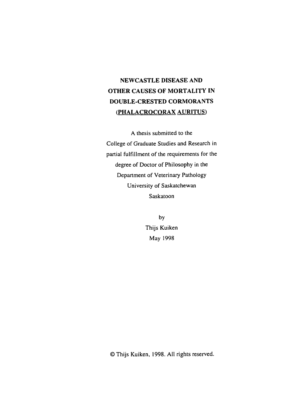 Newcastle Disease and Other Causes of Mortality in Double-Crested Cormorants (Phalacrocorax Auritus)