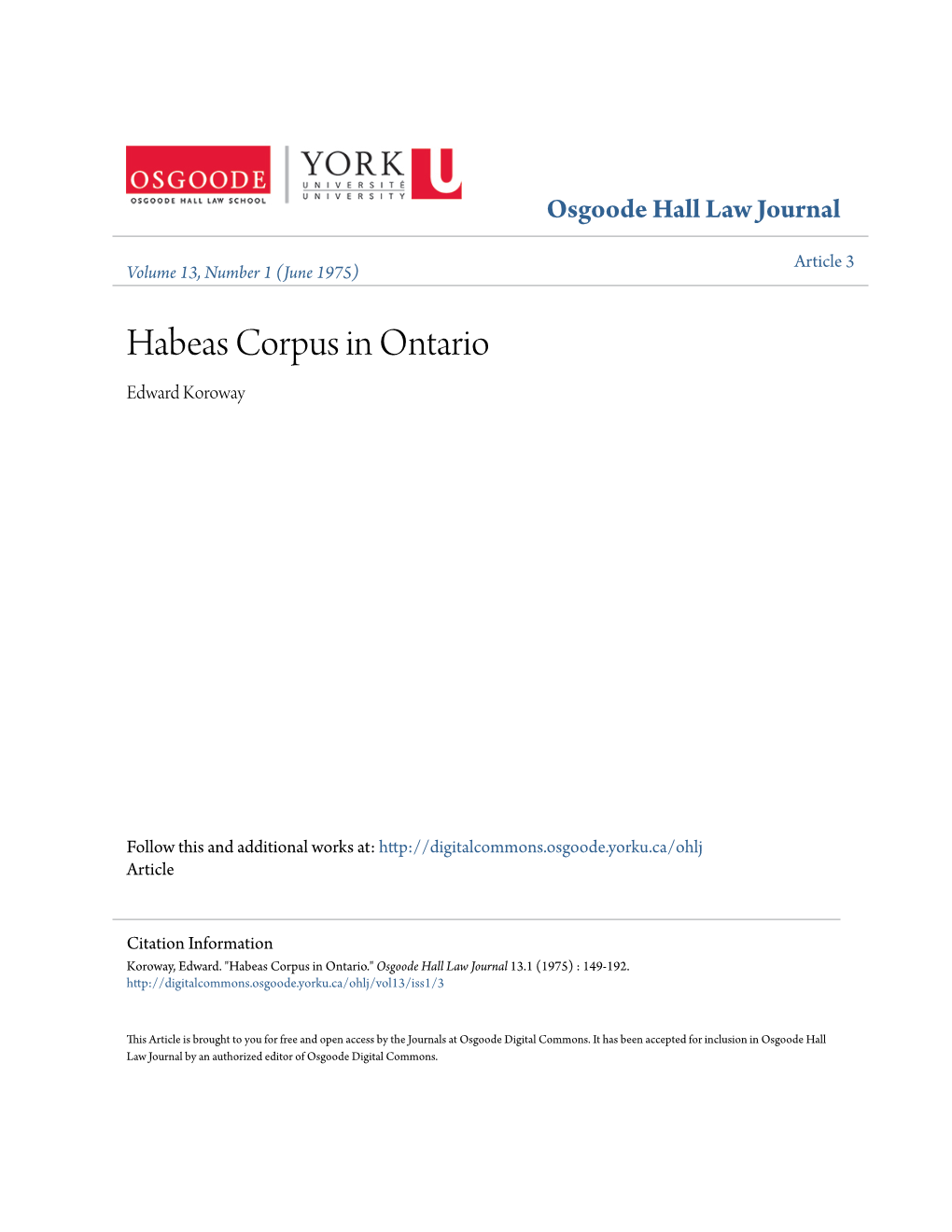 Habeas Corpus in Ontario Edward Koroway