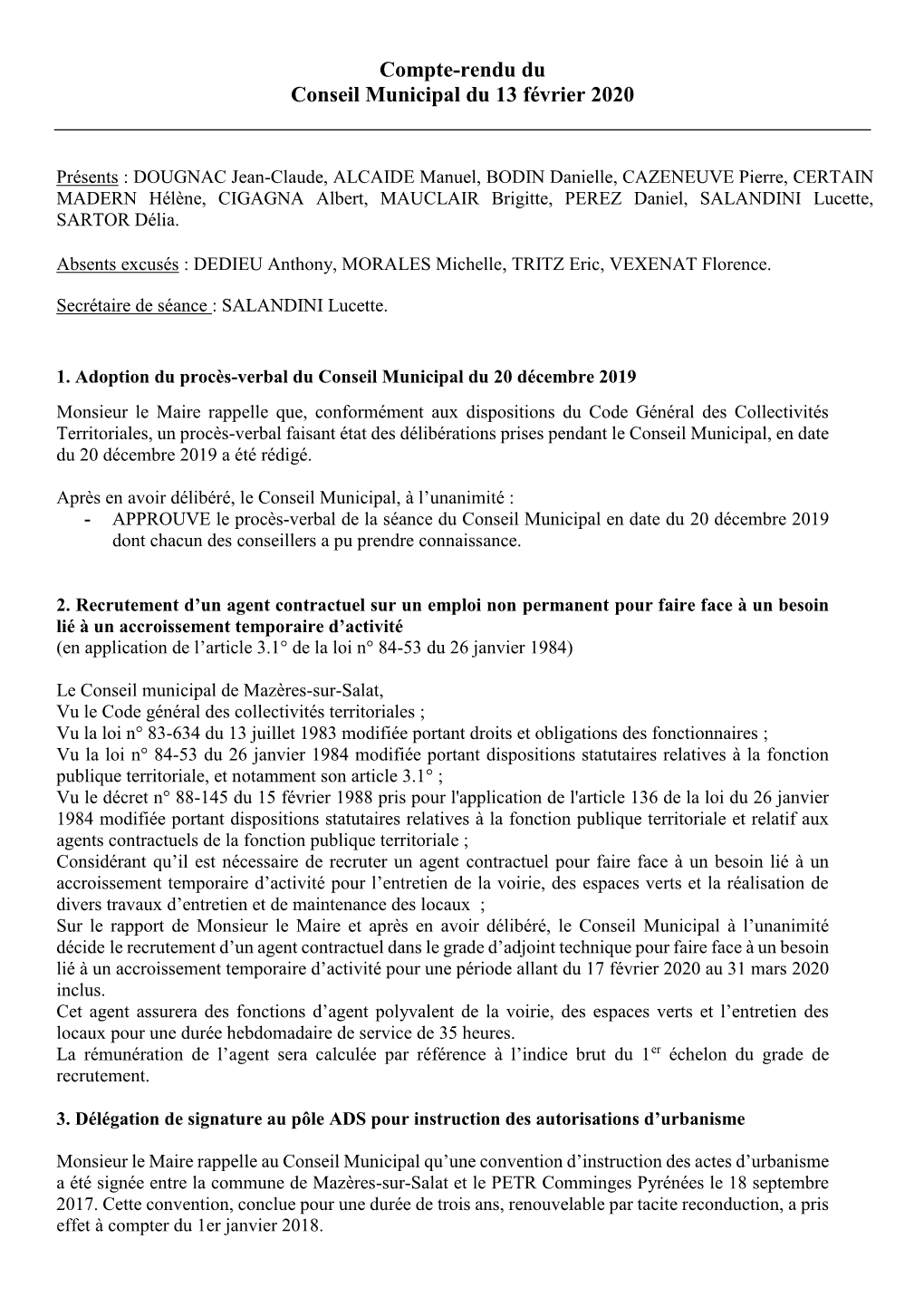 Compte-Rendu Du Conseil Municipal Du 13 Février 2020