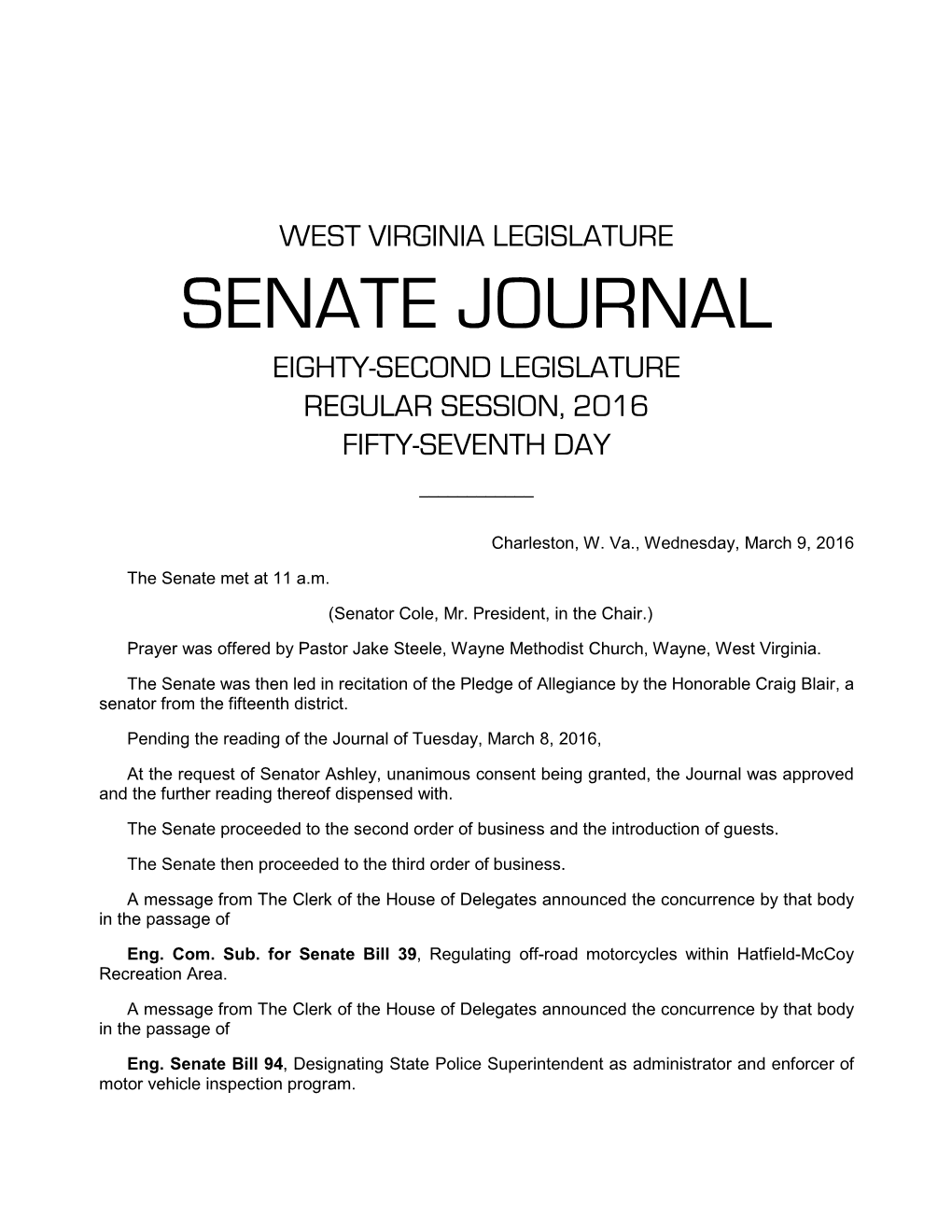 Senate Journal Eighty-Second Legislature Regular Session, 2016 Fifty-Seventh Day