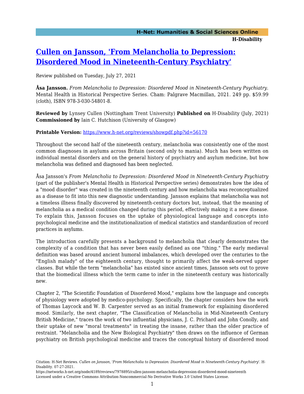 Cullen on Jansson, 'From Melancholia to Depression: Disordered Mood in Nineteenth-Century Psychiatry'