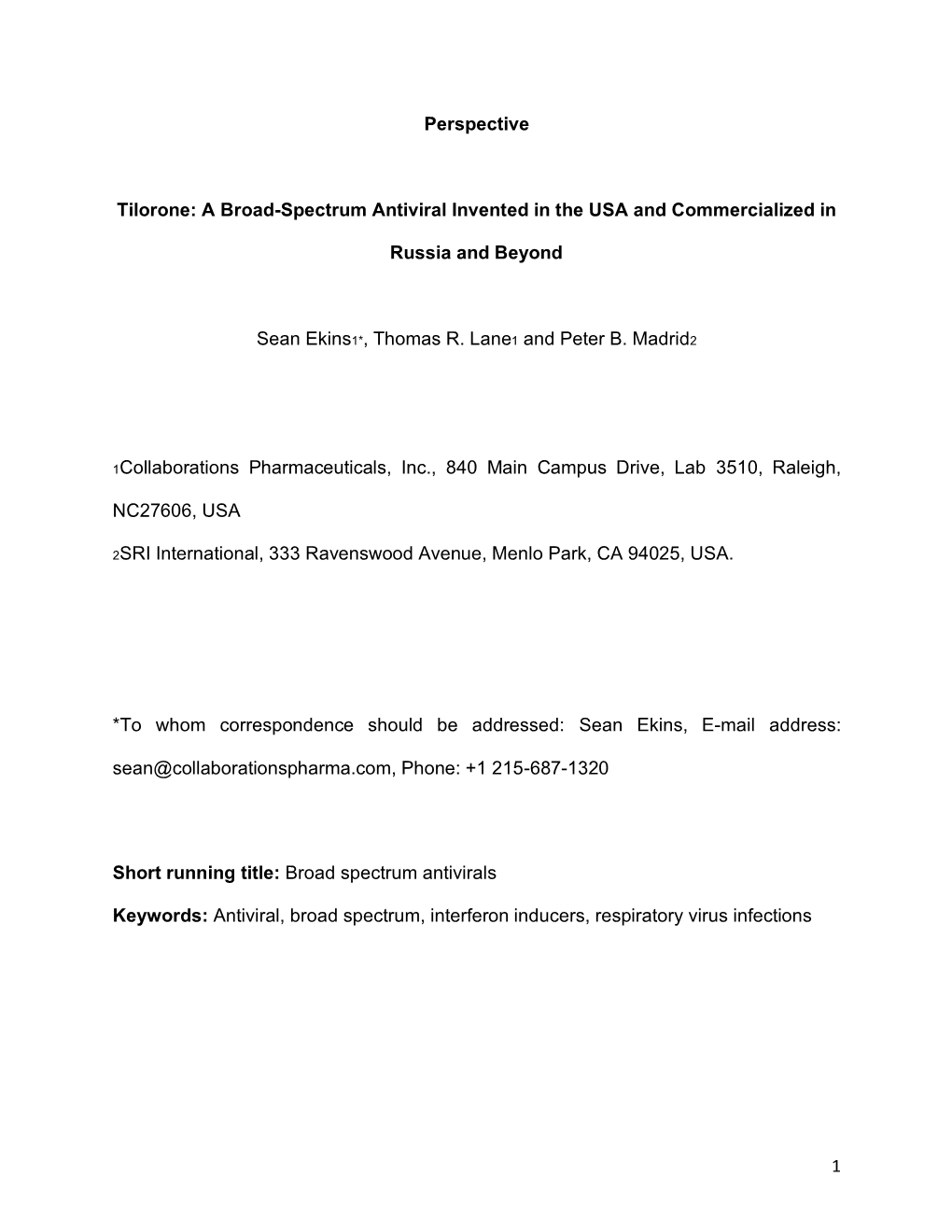 1 Perspective Tilorone: a Broad-Spectrum Antiviral