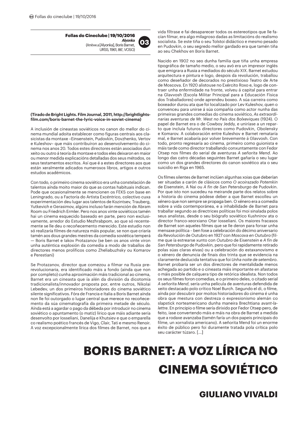 Boris Barnet: a Voz Lírica No Cinema Soviético