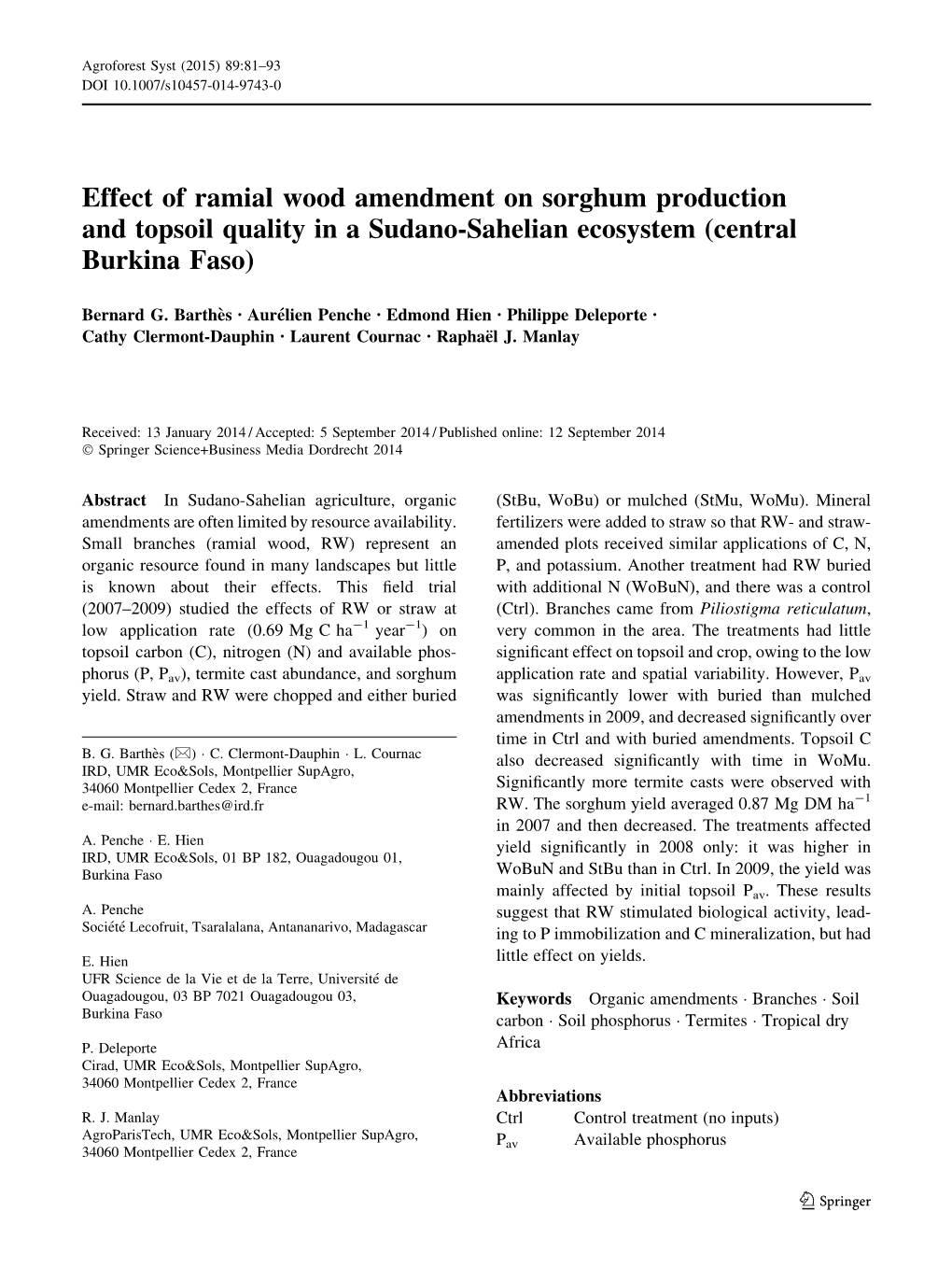 Effect of Ramial Wood Amendment on Sorghum Production and Topsoil Quality in a Sudano-Sahelian Ecosystem (Central Burkina Faso)