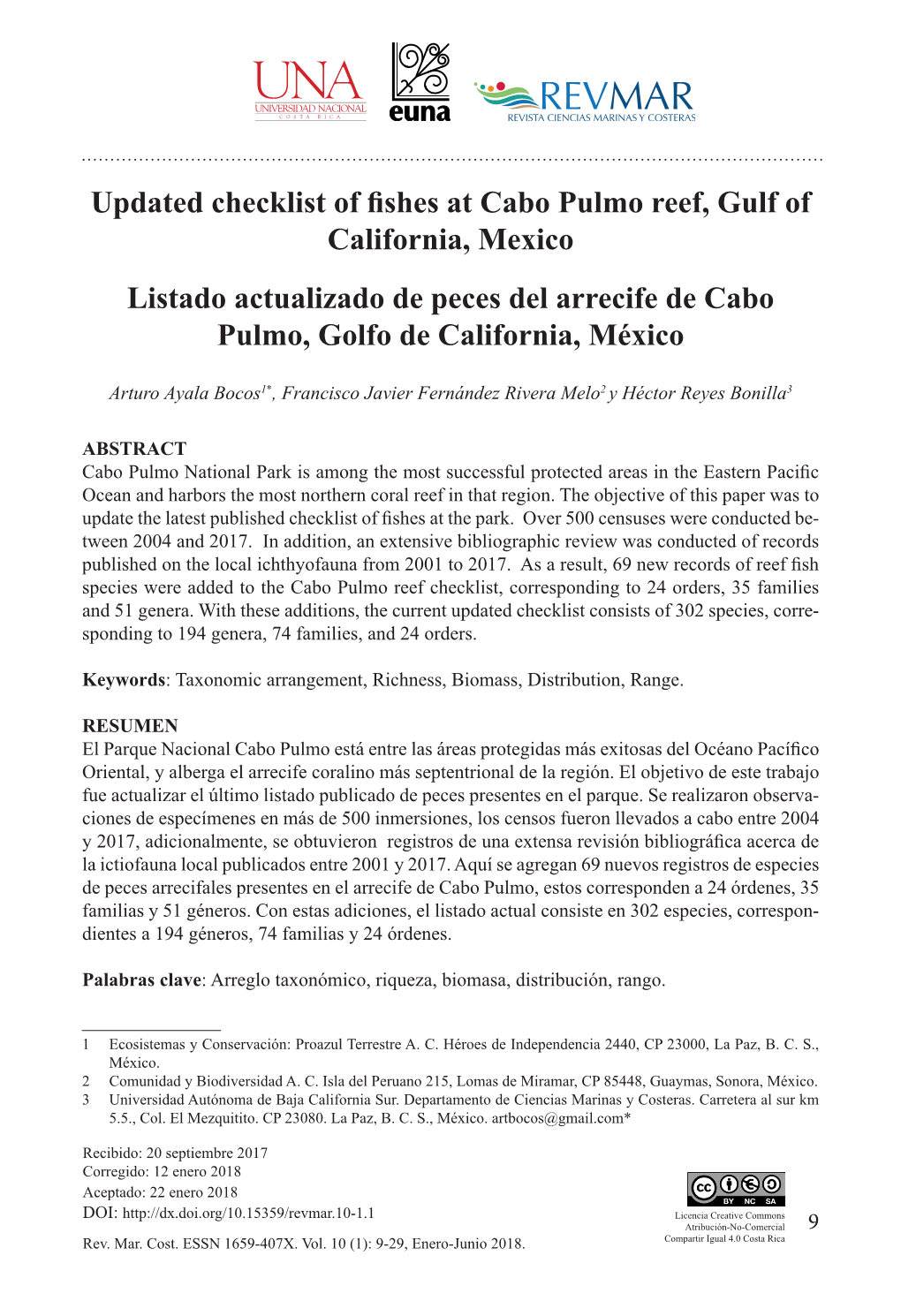 Updated Checklist of Fishes at Cabo Pulmo Reef, Gulf of California, Mexico Listado Actualizado De Peces Del Arrecife De Cabo Pulmo, Golfo De California, México