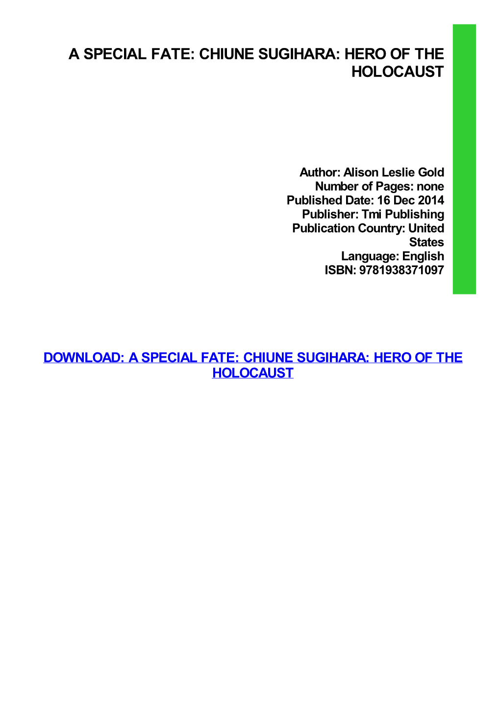 {DOWNLOAD} a Special Fate: Chiune Sugihara: Hero Of