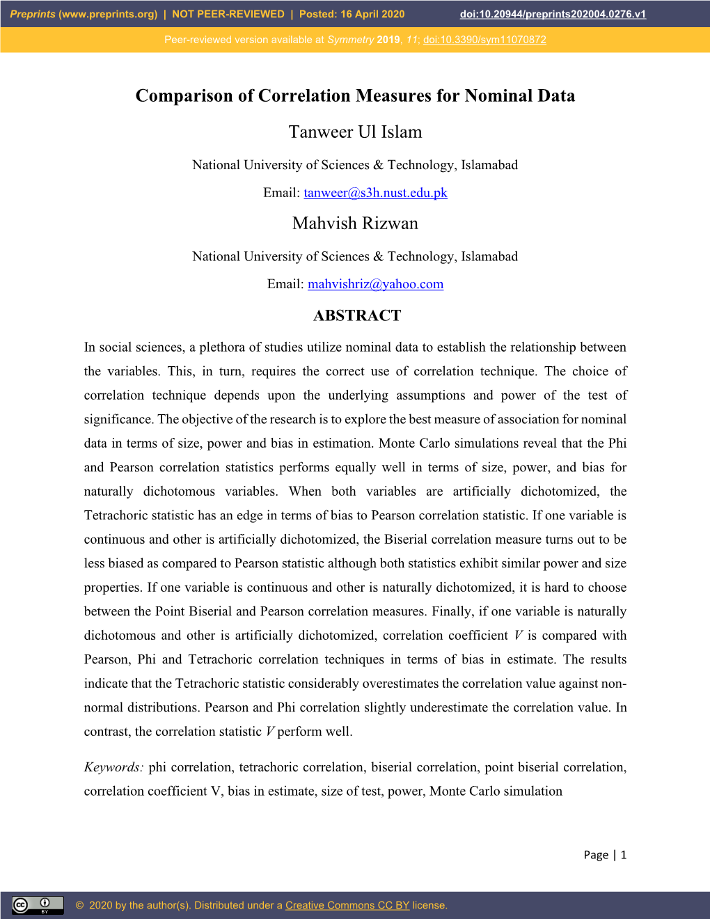 Comparison of Correlation Measures for Nominal Data Tanweer Ul Islam