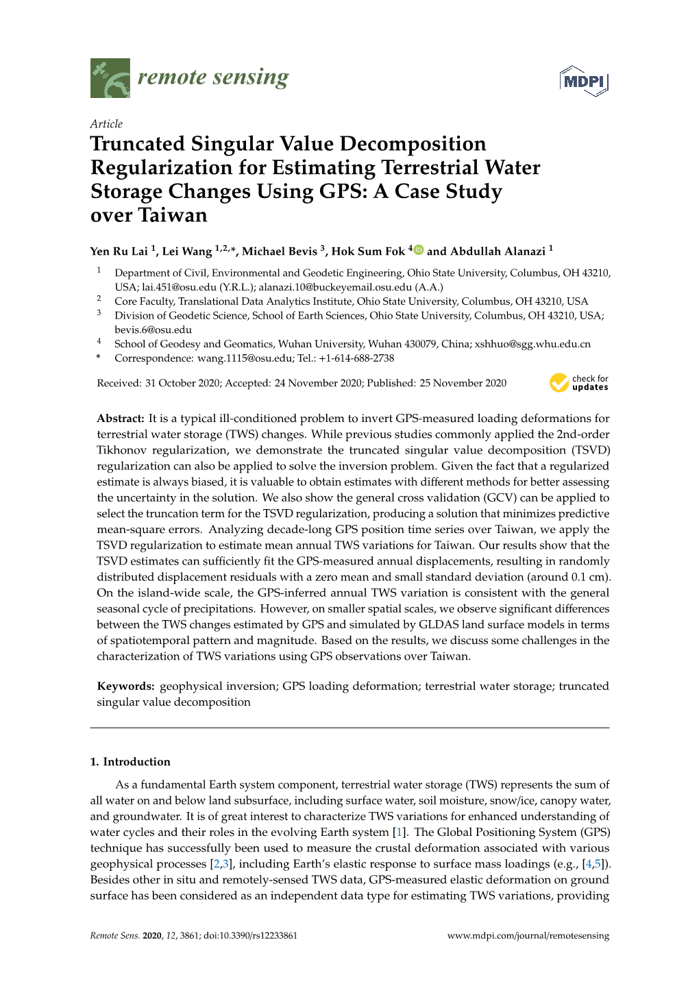Truncated Singular Value Decomposition Regularization for Estimating Terrestrial Water Storage Changes Using GPS: a Case Study Over Taiwan