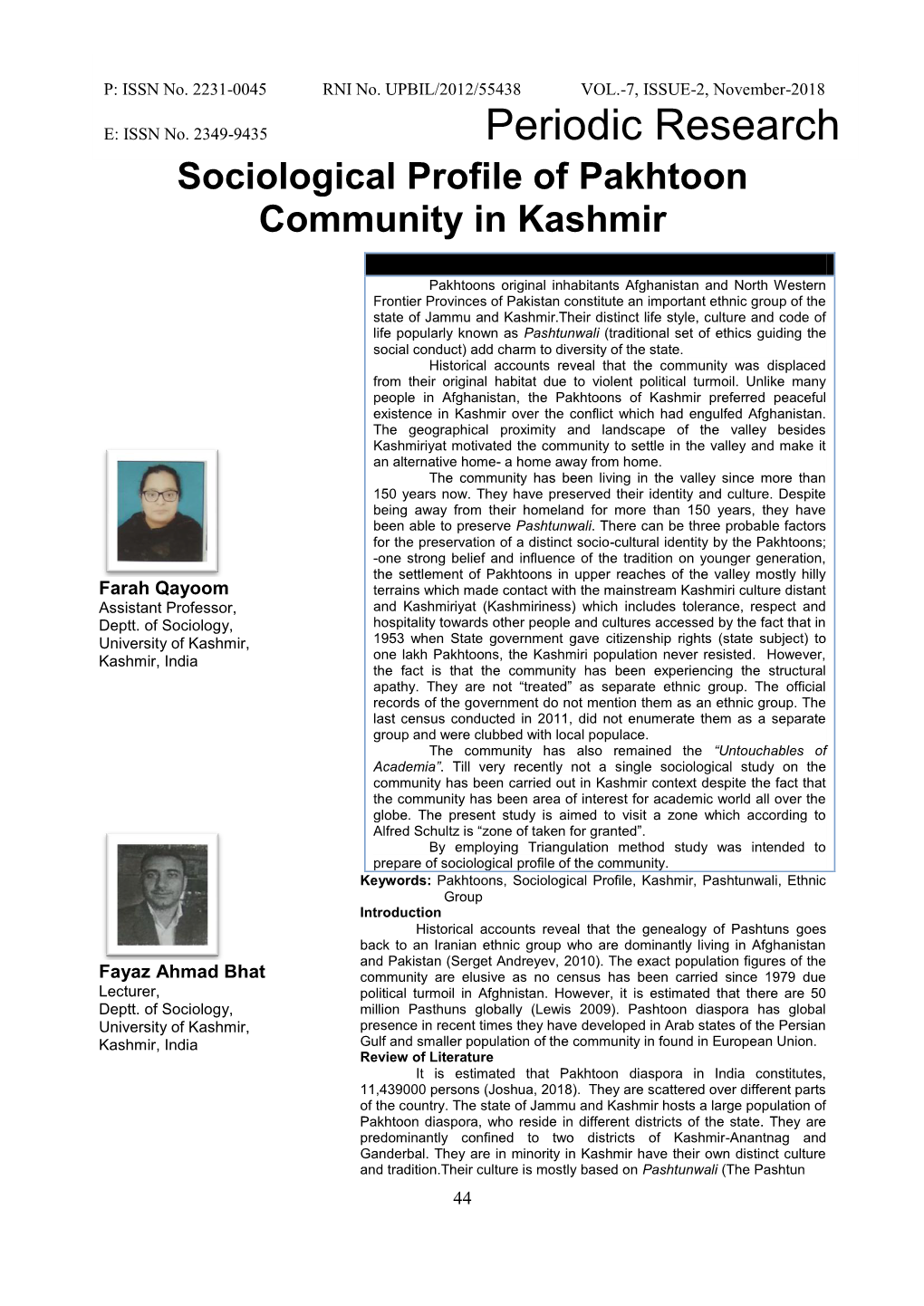 Sociological Profile of Pakhtoon Community in Kashmir