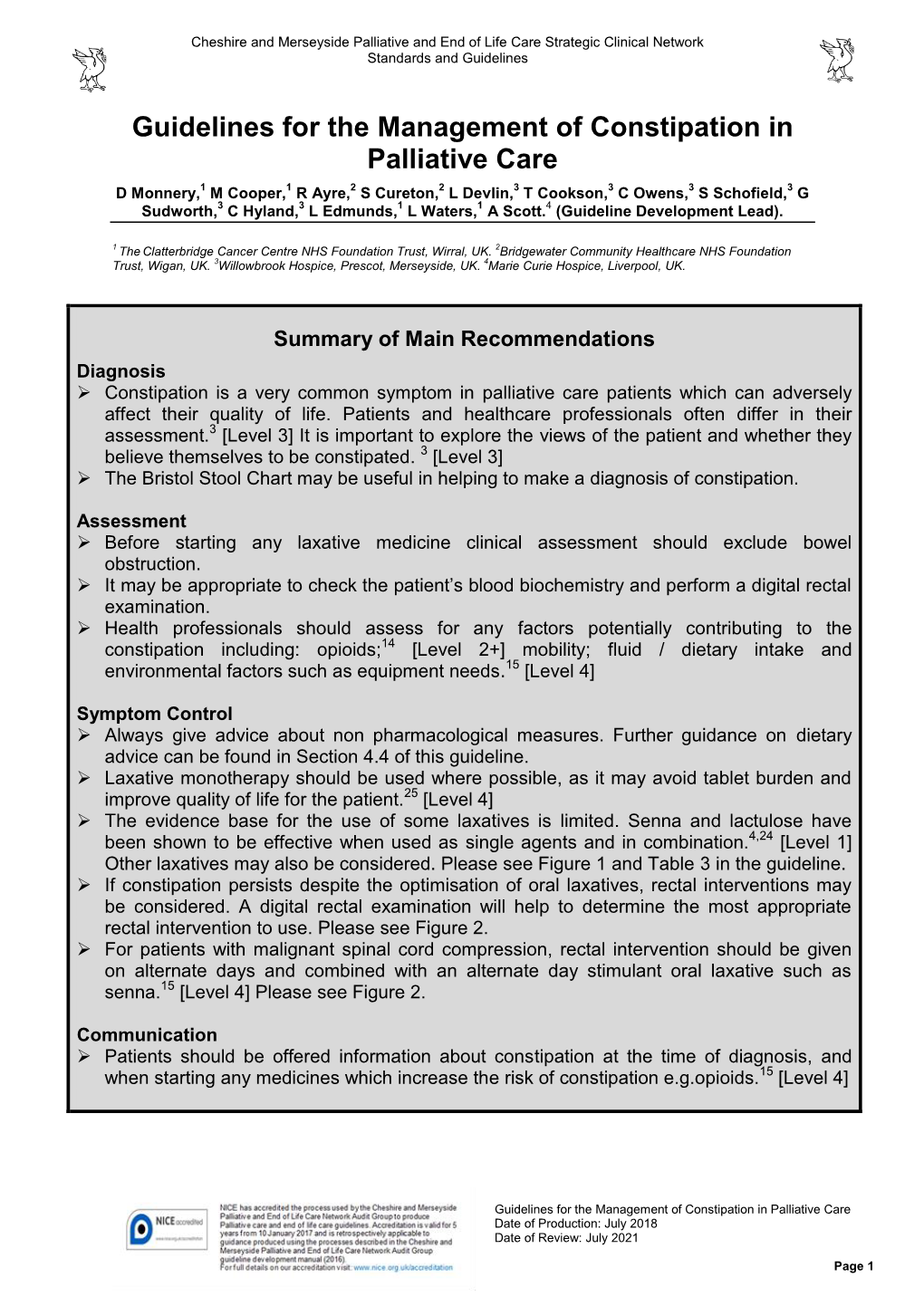 Guidelines for the Management of Constipation in Palliative Care