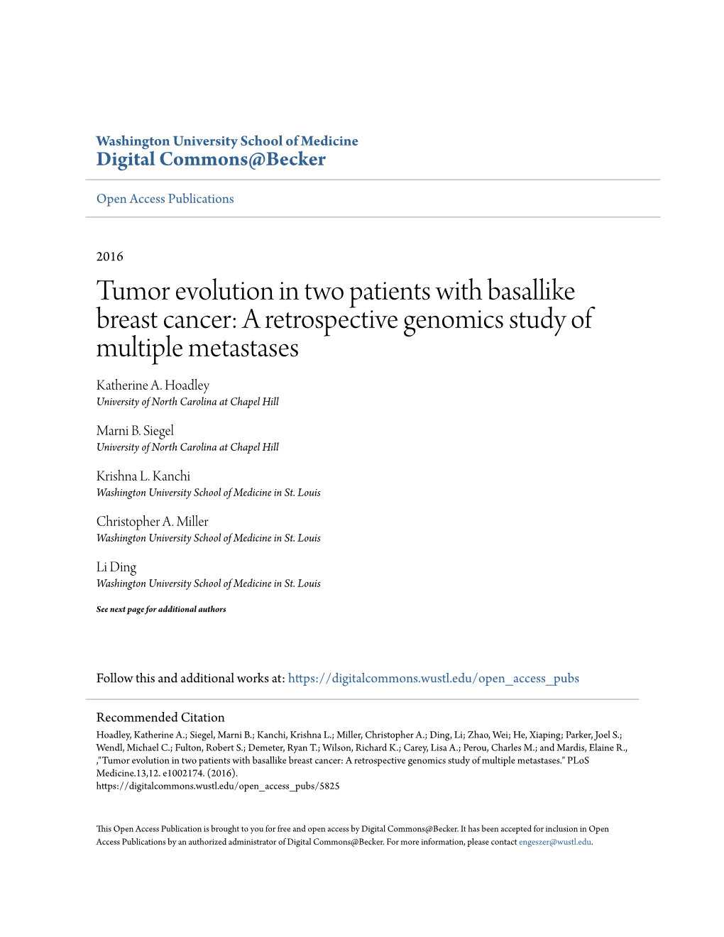 Tumor Evolution in Two Patients with Basallike Breast Cancer: a Retrospective Genomics Study of Multiple Metastases Katherine A