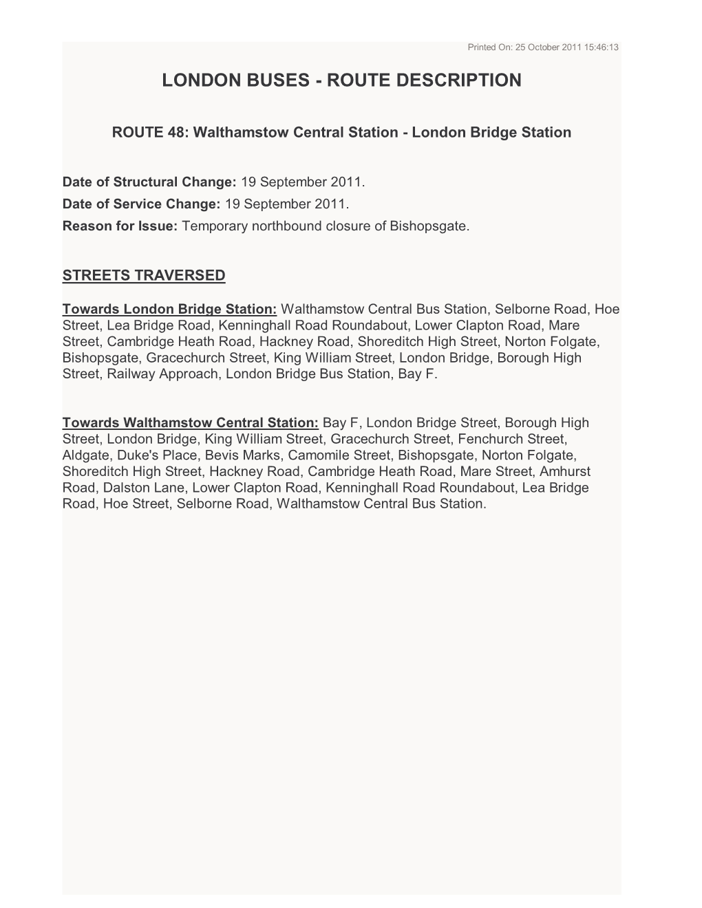 London Buses - Route Description