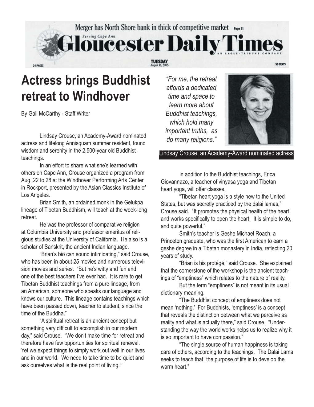 Actress Brings Buddhist Retreat to Windhover