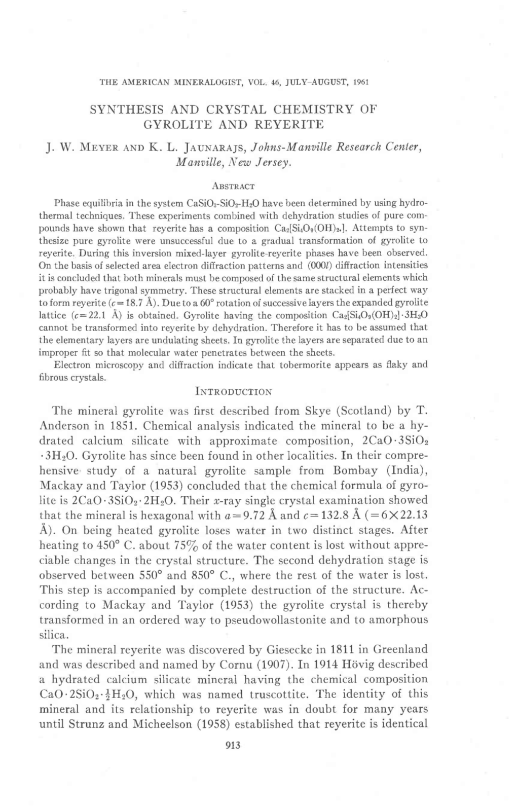 Synthesis and Crystal Chemistry of Gyrolite and Reyerite