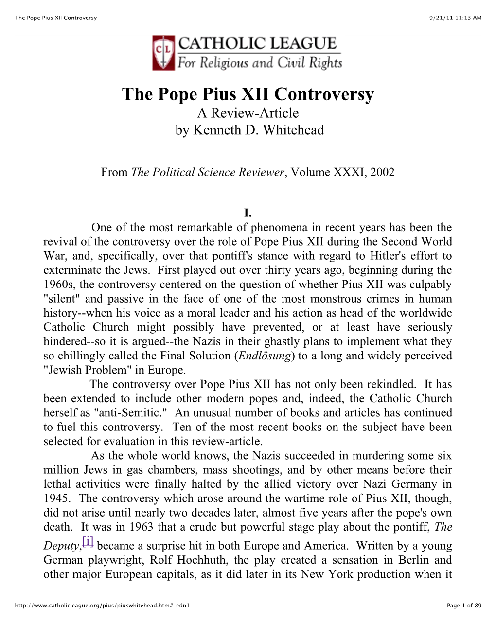 The Pope Pius XII Controversy 9/21/11 11:13 AM