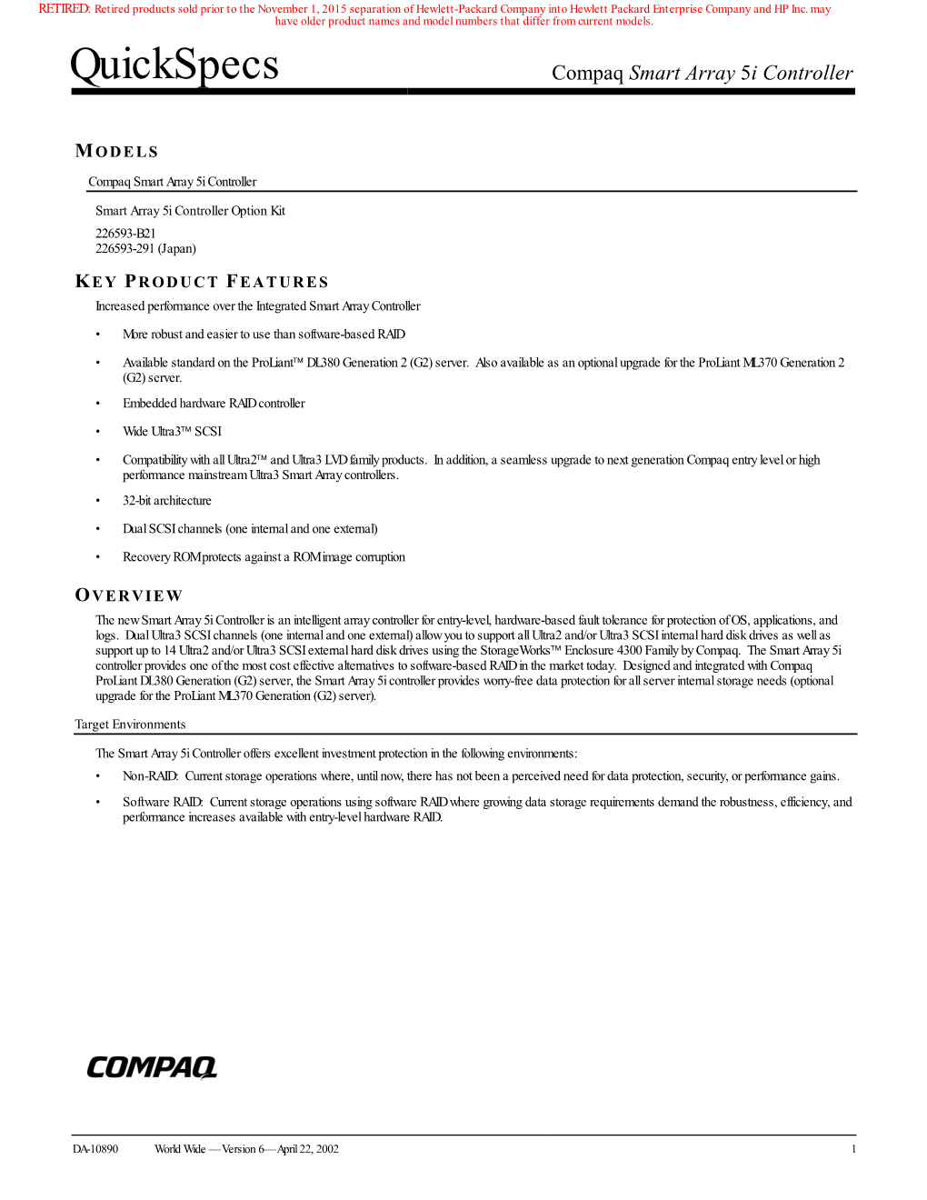 Quickspecs Compaq Smart Array 5I Controller