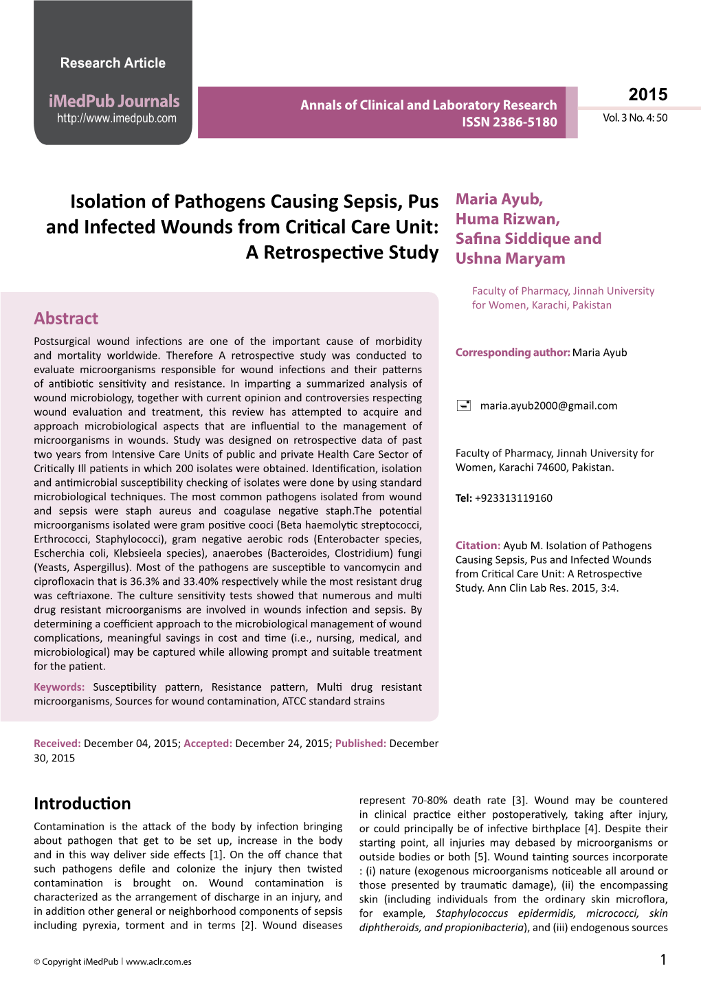 Isolation of Pathogens Causing Sepsis, Pus and Infected Wounds
