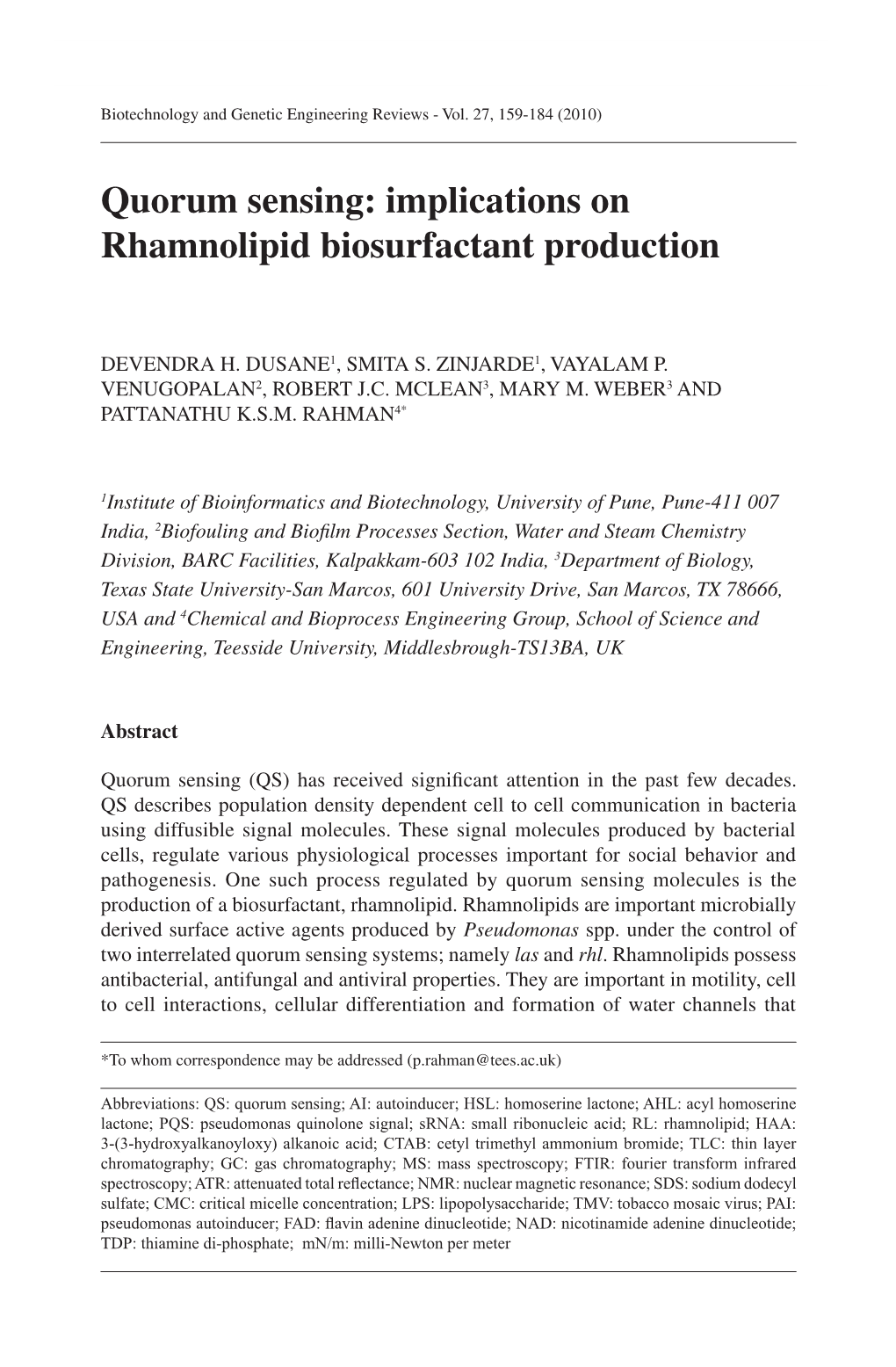 Quorum Sensing: Implications on Rhamnolipid Biosurfactant Production 159