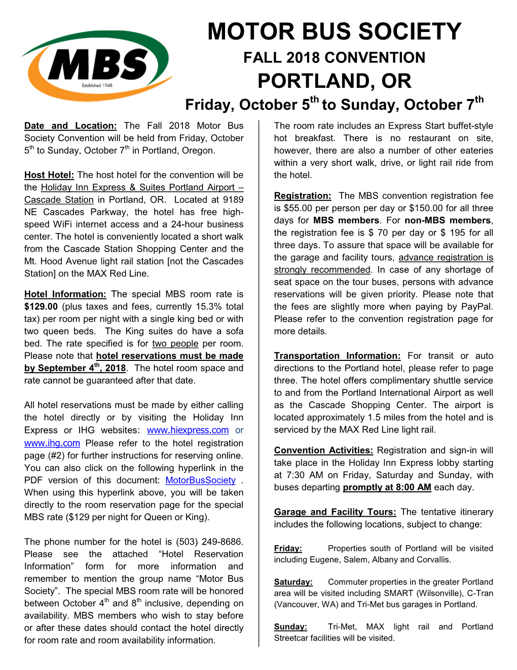 FALL 2018 CONVENTION – PORTLAND, OR Friday, October 5Th to Sunday, October 7Th Attendance Registration Form