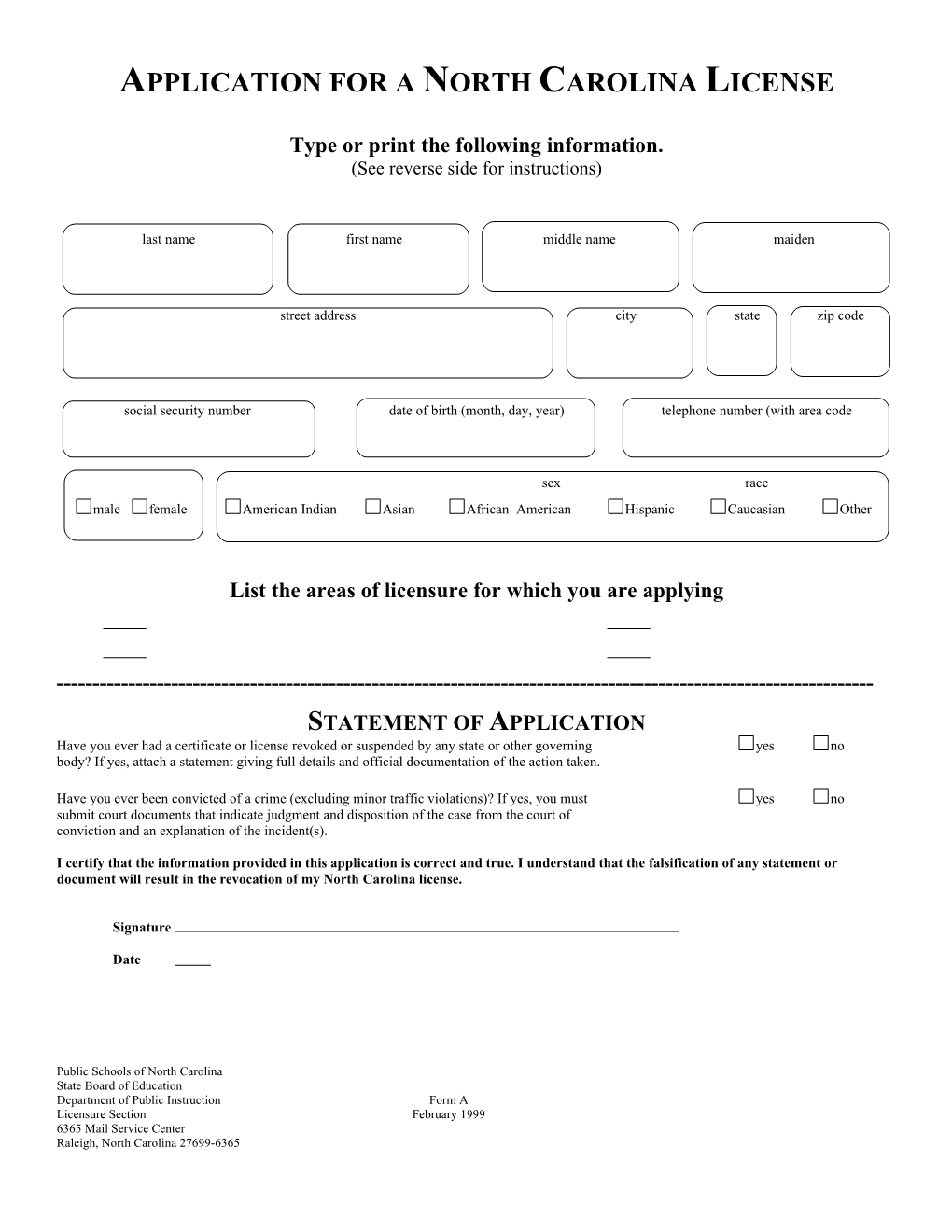 Application for a North Carolina License s1