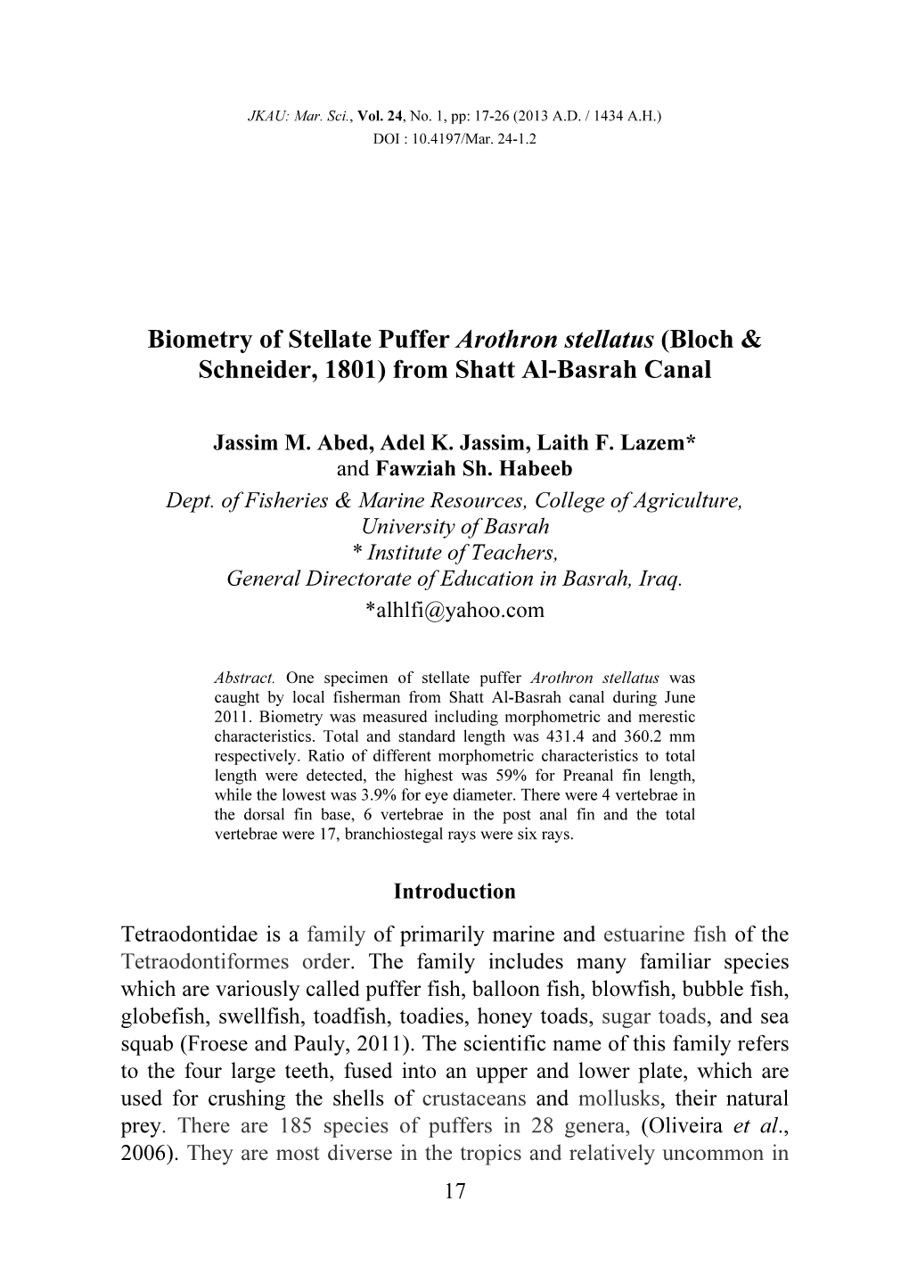 Biometry of Stellate Puffer Arothron Stellatus (Bloch & Schneider, 1801) from Shatt Al-Basrah Canal