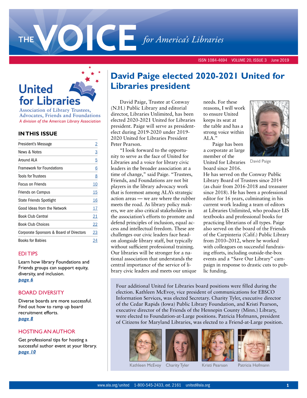 For America's Libraries David Paige Elected 2020-2021 United For