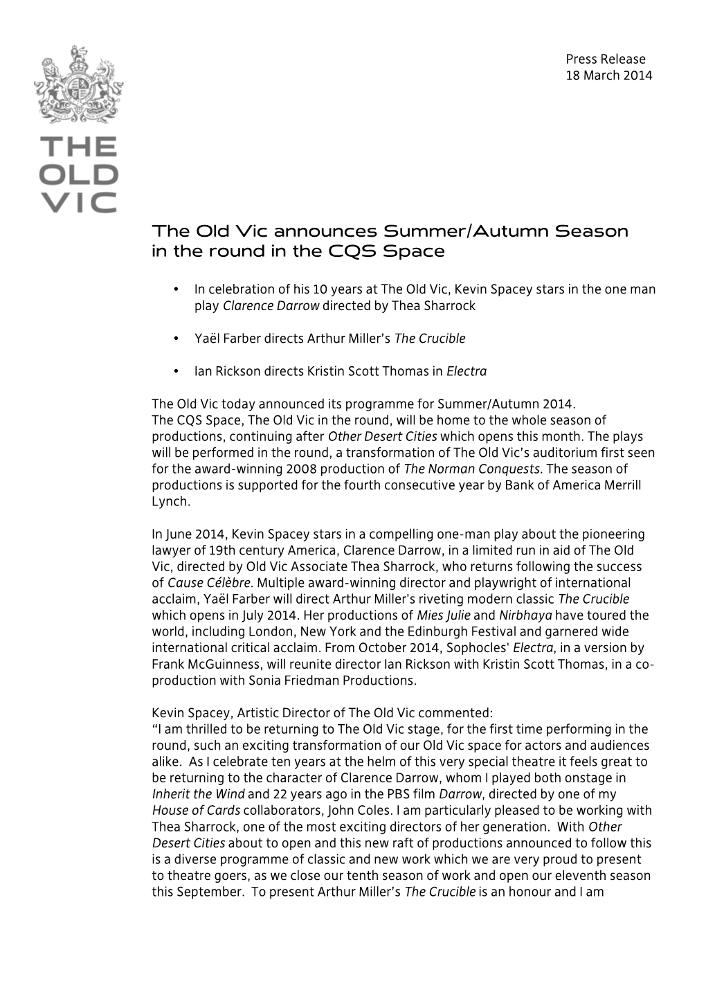 The Old Vic Announces Summer/Autumn Season in the Round in the CQS Space