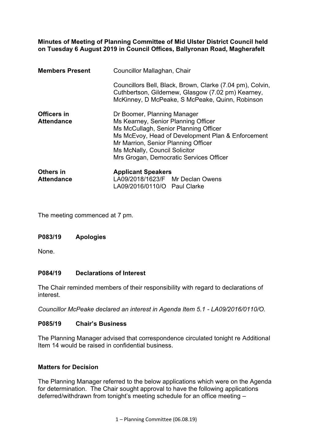 Minutes of Meeting of Planning Committee of Mid Ulster District Council Held on Tuesday 6 August 2019 in Council Offices, Ballyronan Road, Magherafelt