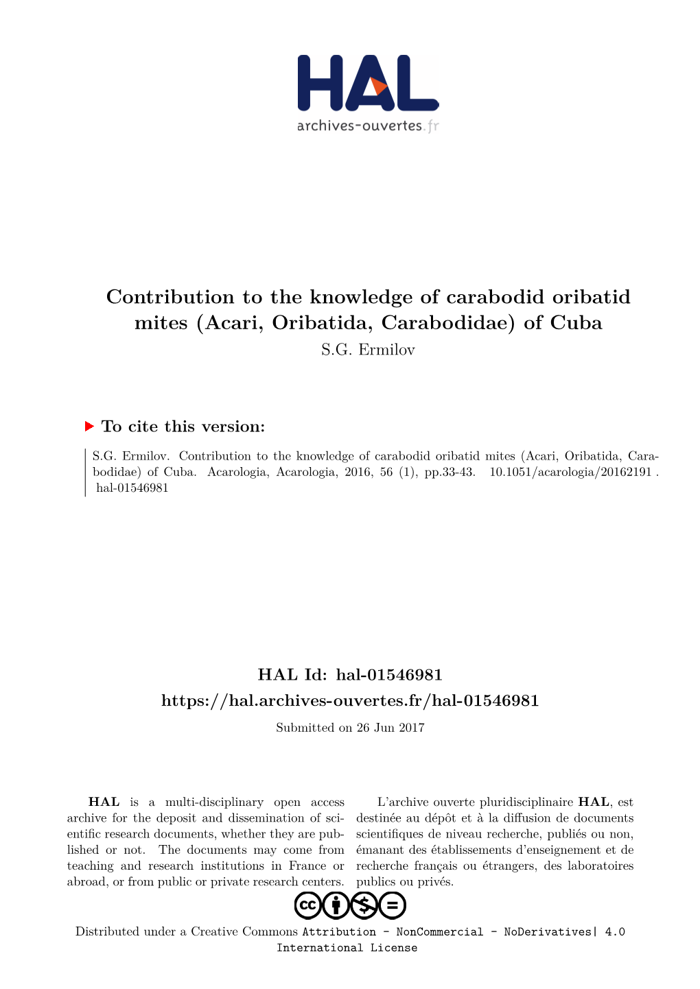 Contribution to the Knowledge of Carabodid Oribatid Mites (Acari, Oribatida, Carabodidae) of Cuba S.G