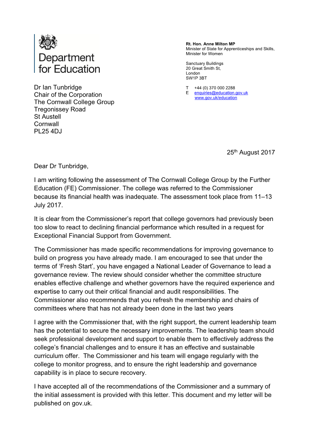 Letter from Anne Milton to the Cornwall College Group Chair
