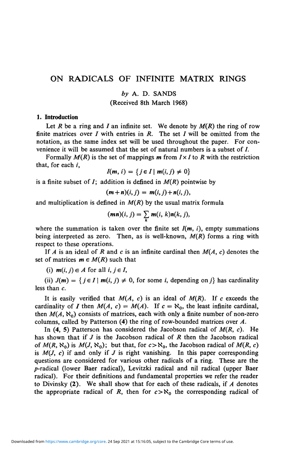 ON RADICALS of INFINITE MATRIX RINGS by A