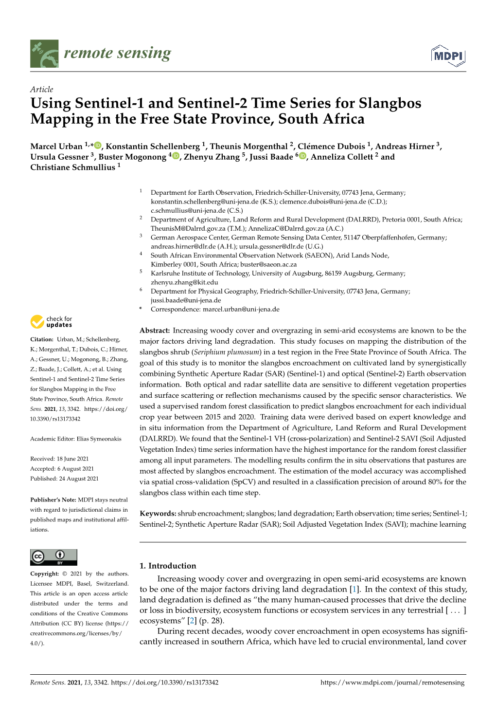 Using Sentinel-1 and Sentinel-2 Time Series for Slangbos Mapping in the Free State Province, South Africa