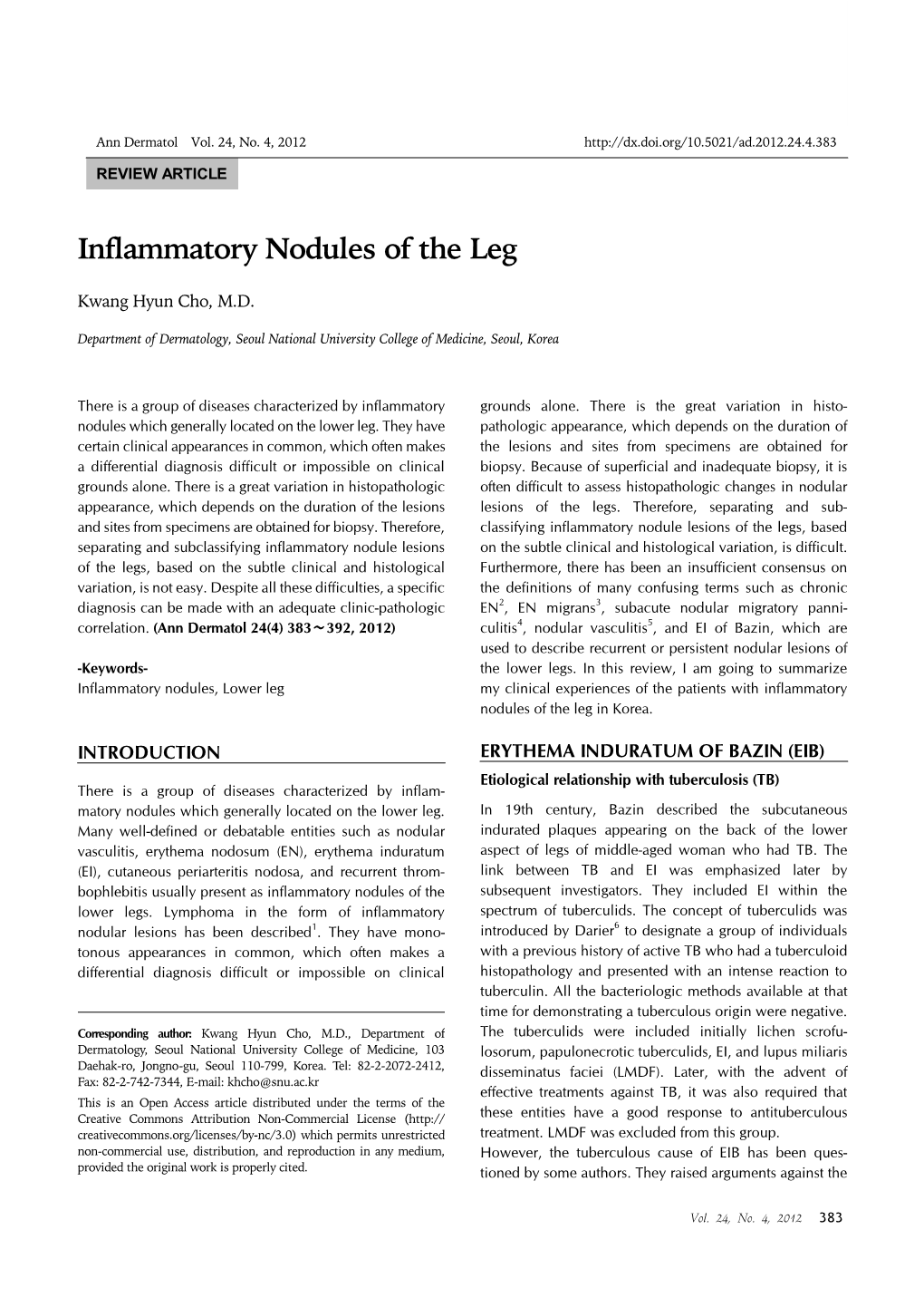 Inflammatory Nodules of the Leg Ann Dermatol Vol