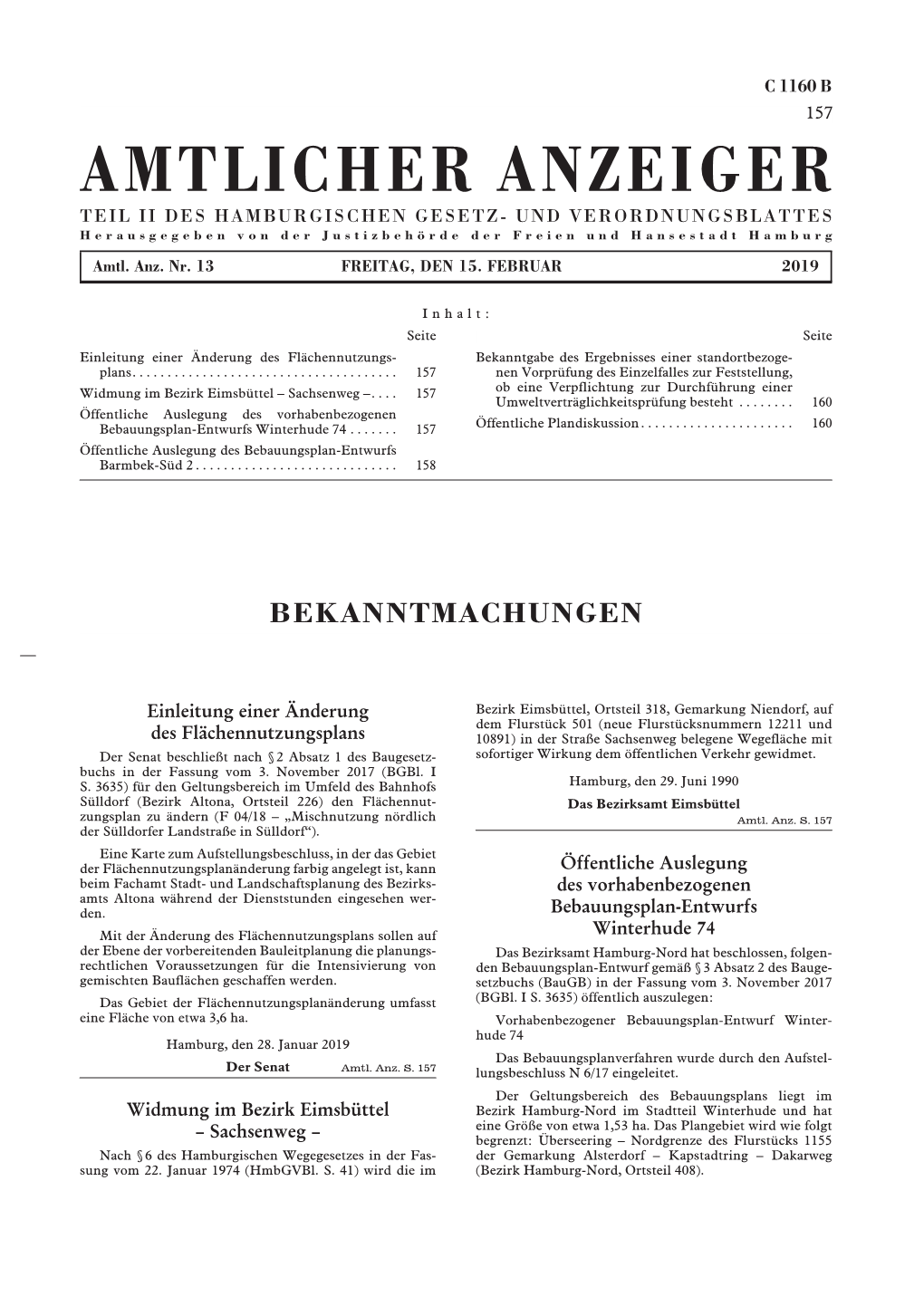 AMTLICHER ANZEIGER TEIL II DES HAMBURGISCHEN GESETZ- UND VERORDNUNGSBLATTES Herausgegeben Von Der Justizbehörde Der Freien Und Hansestadt Hamburg Amtl