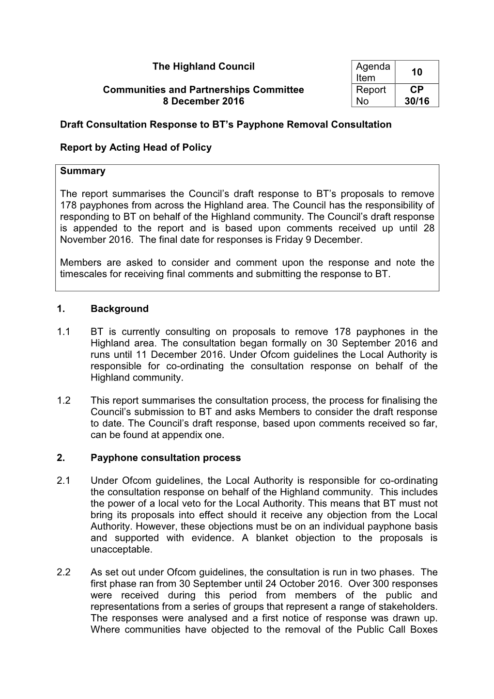 Draft Consultation Response to BT's Payphone Removal Consultation