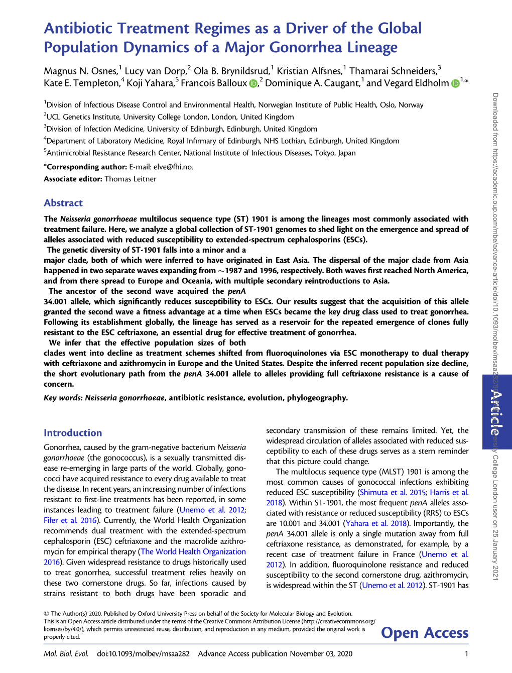 Antibiotic Treatment Regimes As a Driver of the Global Population Dynamics of a Major Gonorrhea Lineage Article Open Access