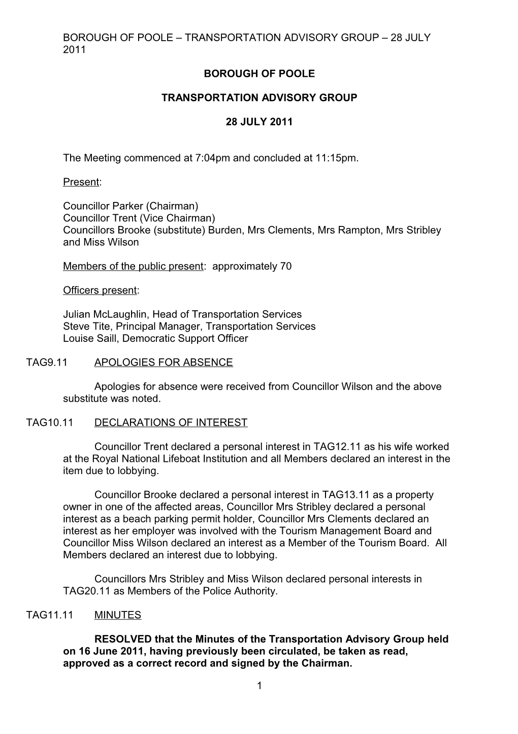 Minutes - Transportation Advisory Group - 28 July 2011