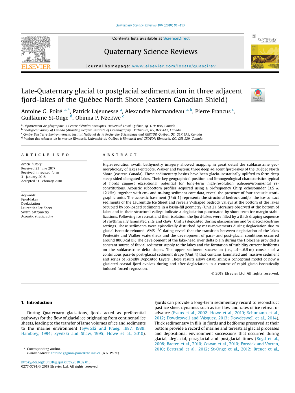 Late-Quaternary Glacial to Postglacial Sedimentation in Three Adjacent Fjord-Lakes of the Quebec� North Shore (Eastern Canadian Shield)