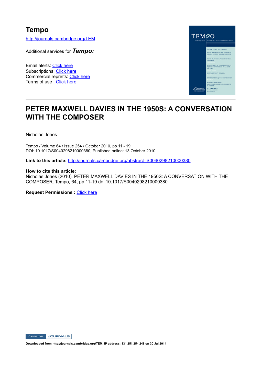 Peter Maxwell Davies in the 1950S: a Conversation with the Composer