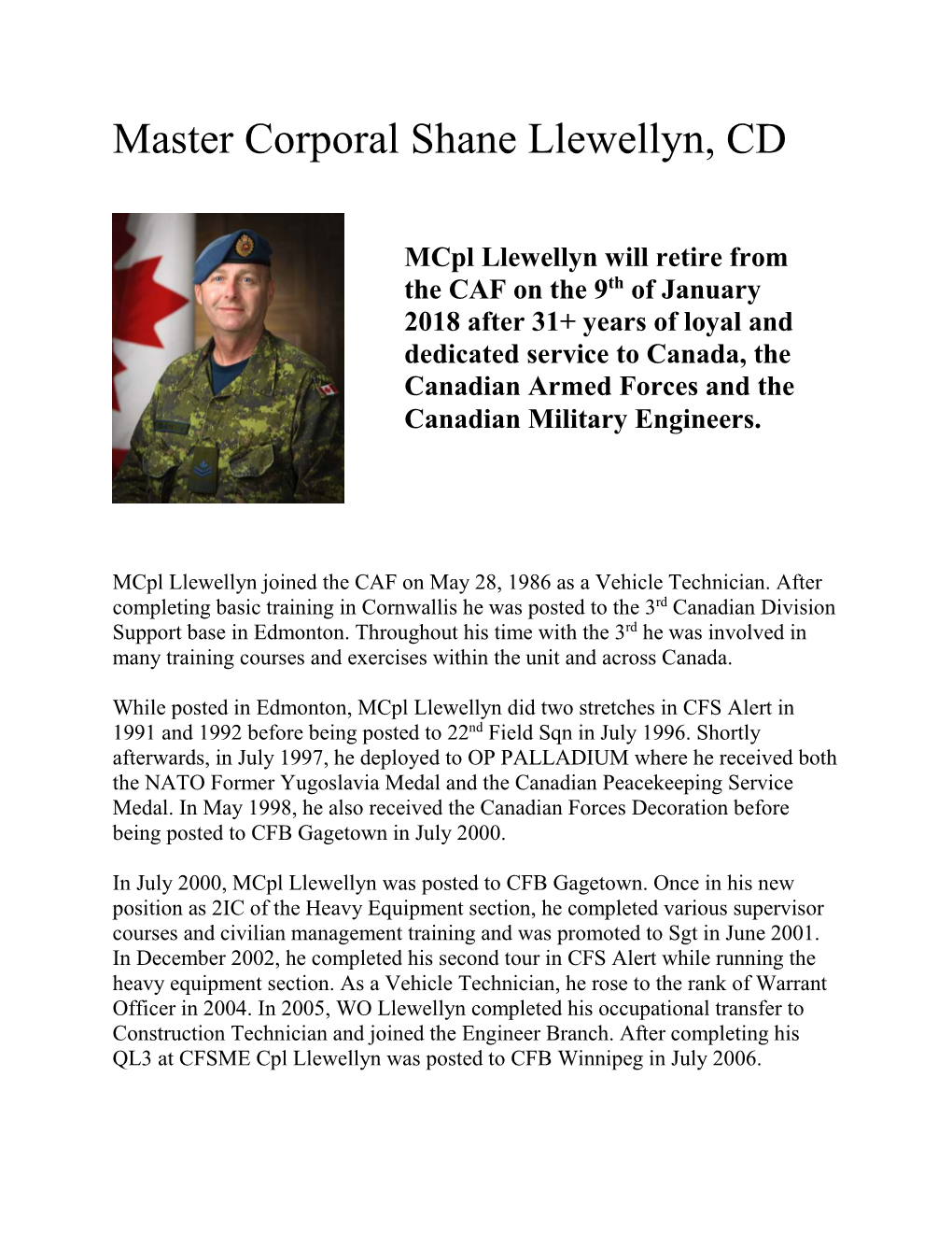 Master Corporal Shane Llewellyn, CD