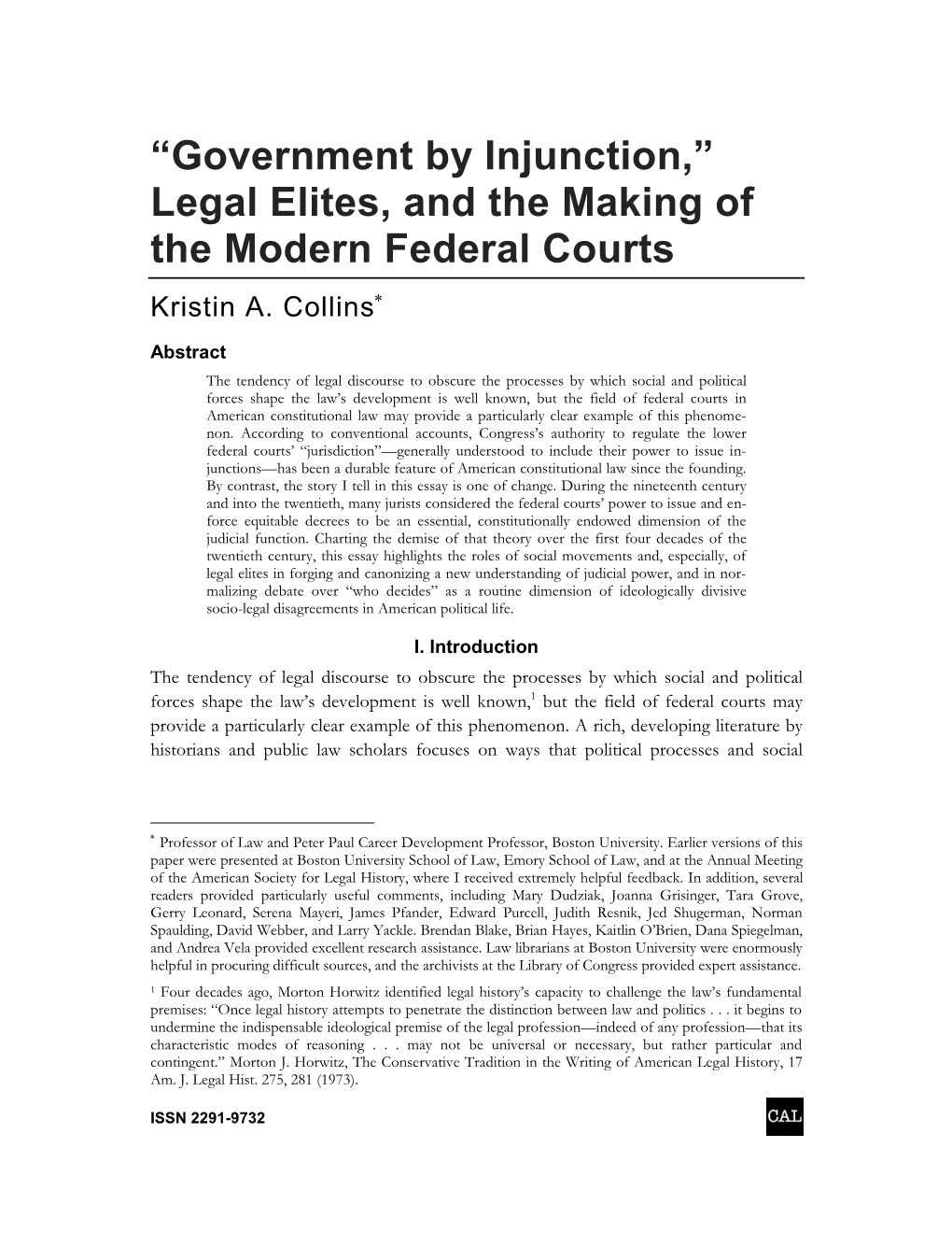 “Government by Injunction,” Legal Elites, and the Making of the Modern Federal Courts Kristin A