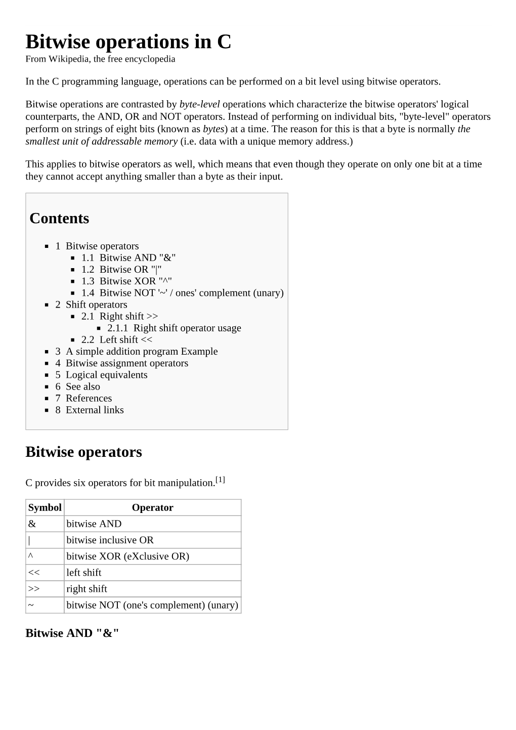 Bitwise Operations in C from Wikipedia, the Free Encyclopedia