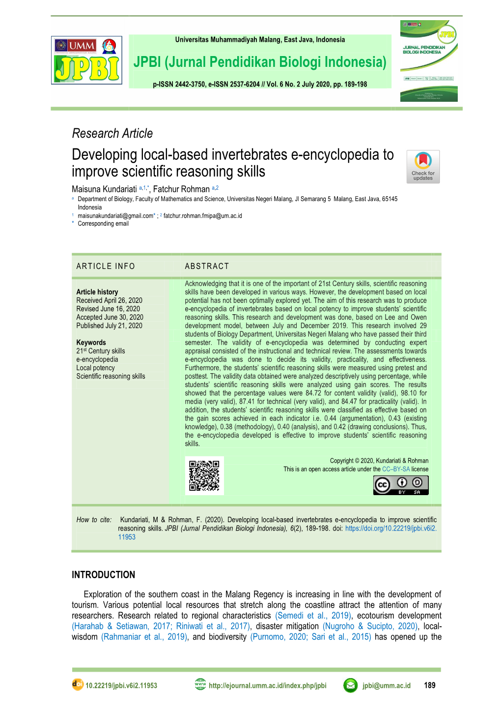 Developing Local-Based Invertebrates E-Encyclopedia to Improve Scientific Reasoning Skills
