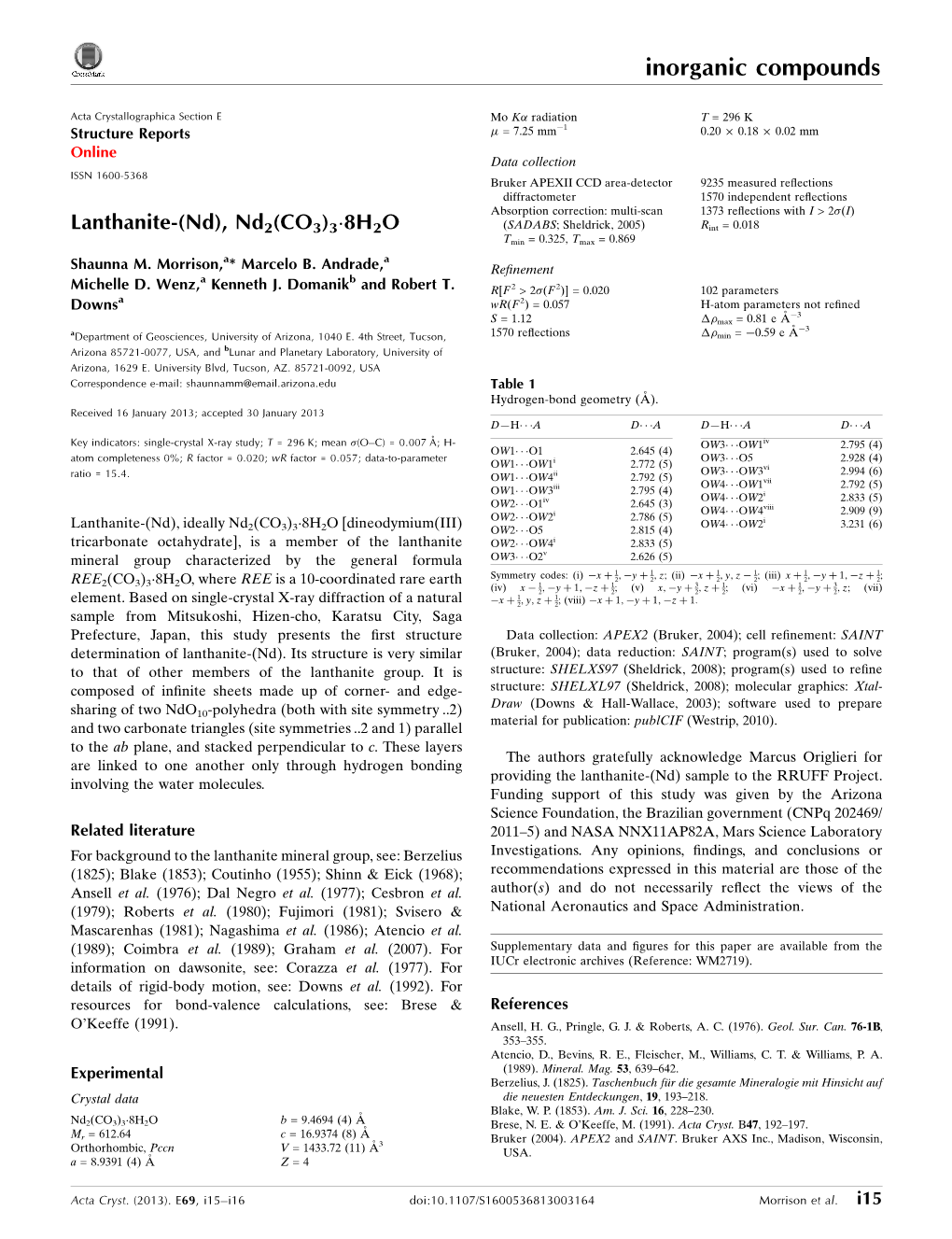 Lanthanite-(Nd), Nd2(CO3)3�8H2O (SADABS; Sheldrick, 2005) Rint = 0.018 Tmin = 0.325, Tmax = 0.869 a a Shaunna M