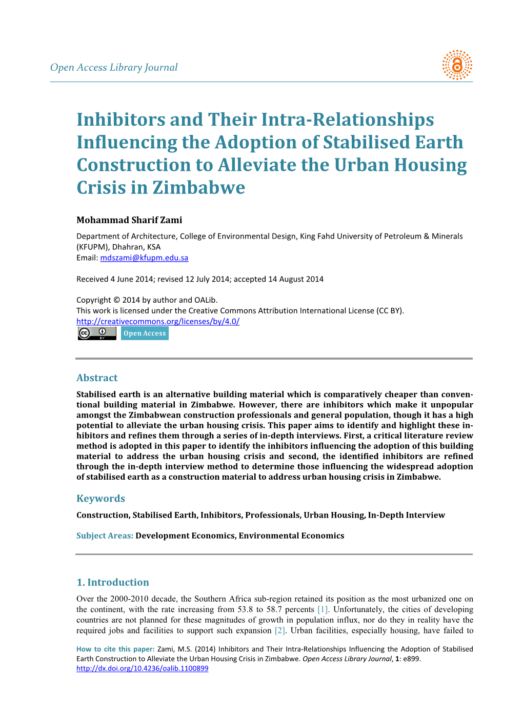 Inhibitors and Their Intra-Relationships Influencing the Adoption of Stabilised Earth Construction to Alleviate the Urban Housing Crisis in Zimbabwe