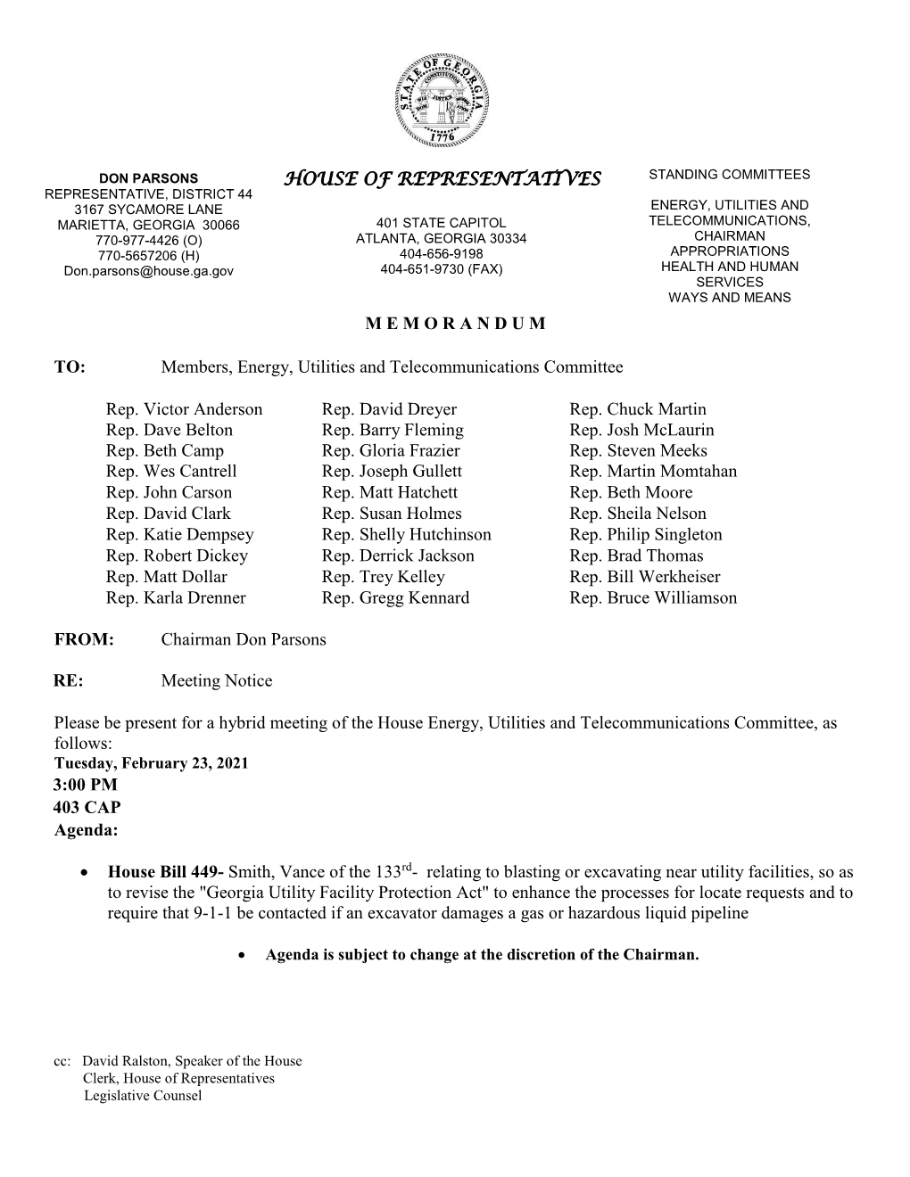 Members, Energy, Utilities and Telecommunications Committee Rep