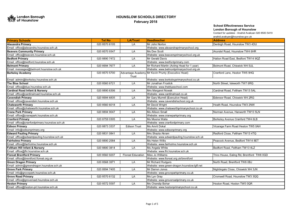 HOUNSLOW SCHOOLS DIRECTORY February 2018