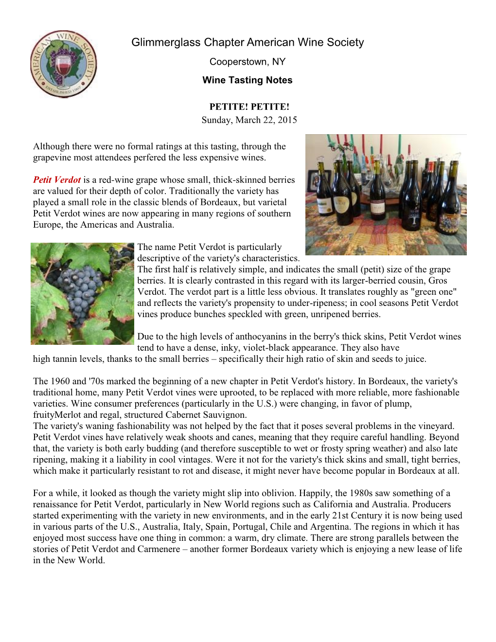 Glimmerglass Chapter American Wine Society Cooperstown, NY Wine Tasting Notes