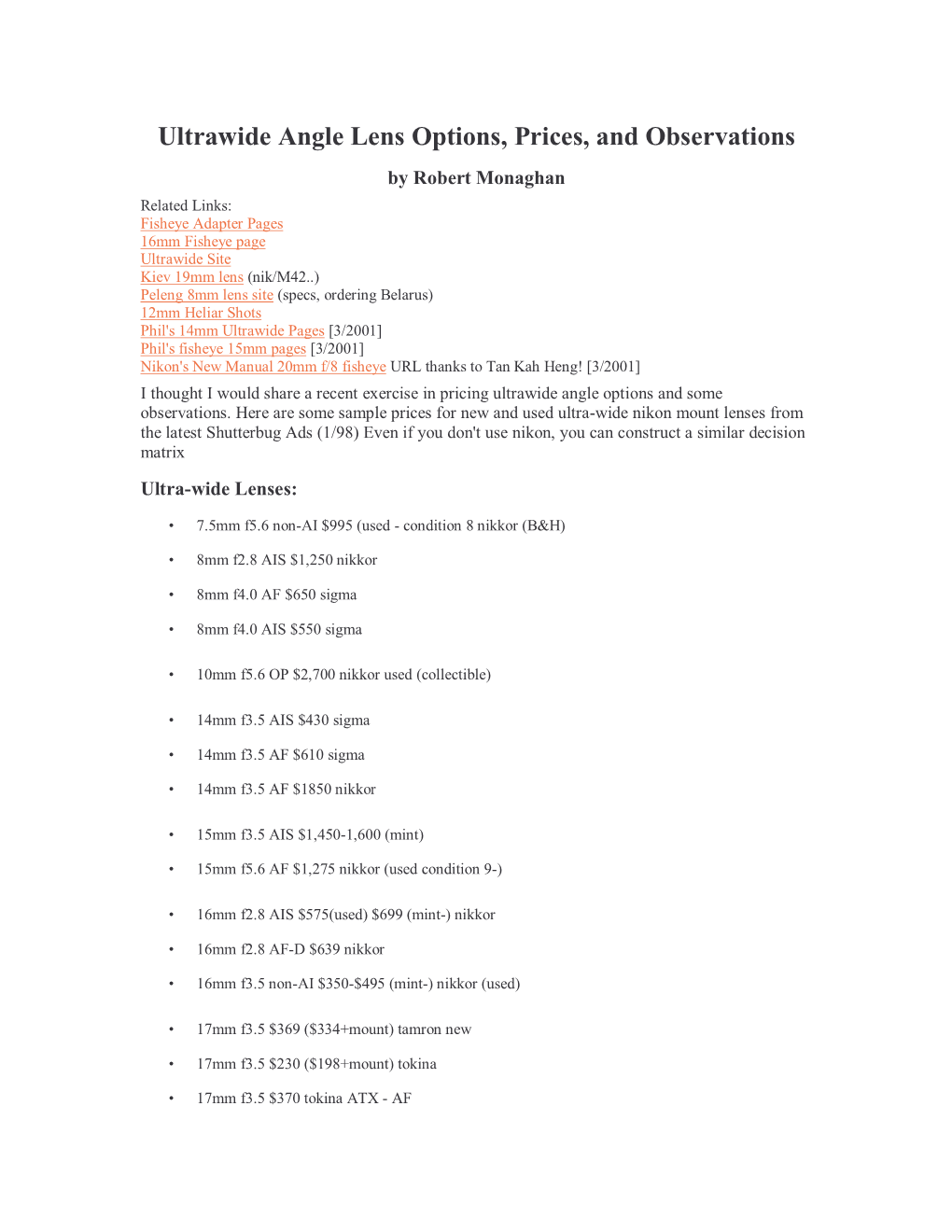 Ultrawide Angle Lens Options, Prices, and Observations